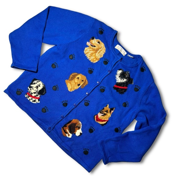 SOLD Blue Cardigan Sweater Dogs 1990s 2000s Vintage Marisa Christina Paw Prints - Picture 9 of 9